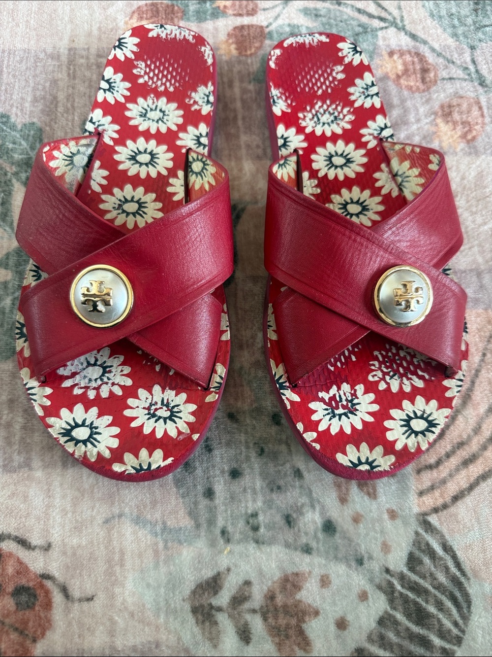 Tory Burch Red Floral Cross-Band Slide Sandals with Gold Logo
